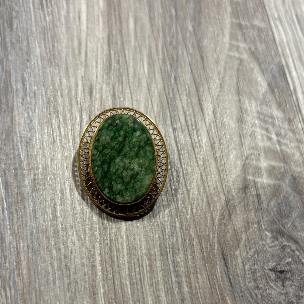 Vintage BURT CASSELL Oval Jade Pin Brooch w/ 12K Gold Filled